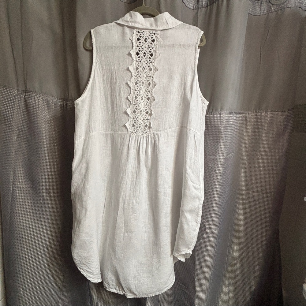 Tempo Paris 100% Linen Size M/L Made In Italy Sleeveless Shirt dress W/Lace Back - Picture 3 of 8